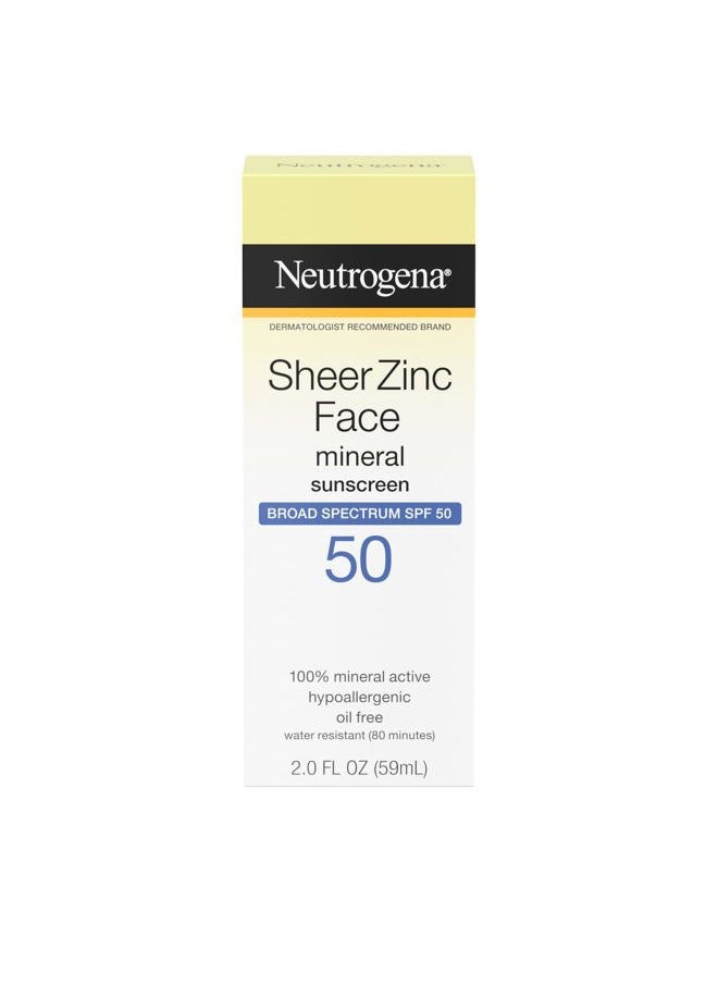 Neutrogena - Sheer Zinc Oxide Dry-Touch Mineral Face Sunscreen Lotion with Broad Spectrum SPF 50, Oil-Free, Non-Comedogenic & Non-Greasy, Hypoallergenic, 2 fl. oz - Image 1