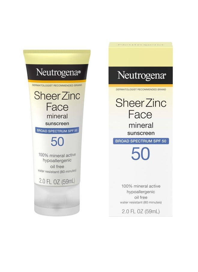Neutrogena - Sheer Zinc Oxide Dry-Touch Mineral Face Sunscreen Lotion with Broad Spectrum SPF 50, Oil-Free, Non-Comedogenic & Non-Greasy, Hypoallergenic, 2 fl. oz - Image 1