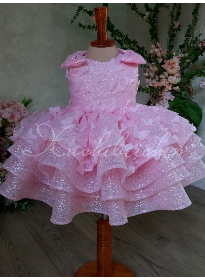 Children's Dress Princess Dress  Summer New Style Pink Sleeveless Stereo Butterfly Decoration Baby Girl One-year-old Dress