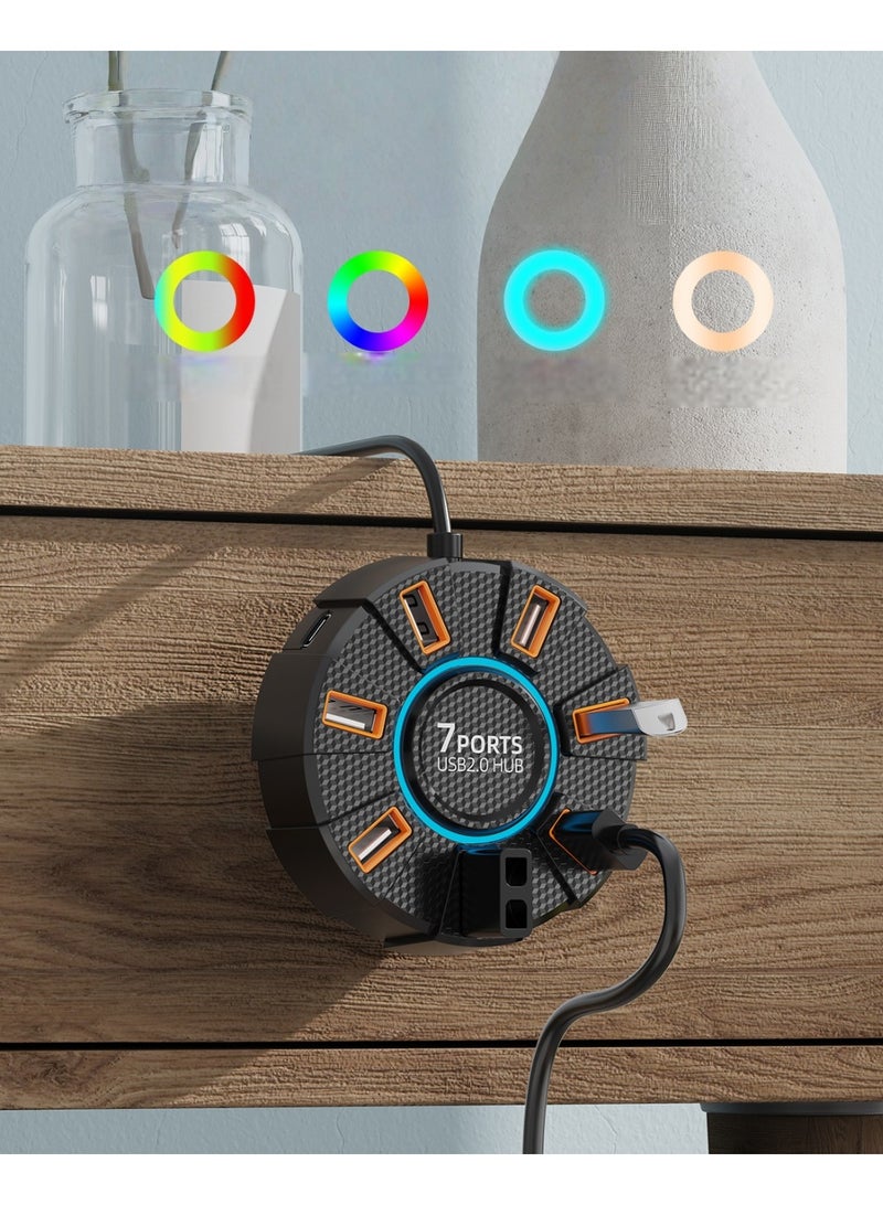 Yegni High-speed 7-port 2.0 hub for colorful ambient lighting one-to-seven port expansion dock with external power supply - Image 2