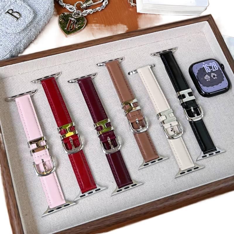 AD Red Classic Leather Strap Smartwatch Band Compatible with Apple Watch / SE with Adjustable Fit Replacement Strap for Daily Wear - Image 4