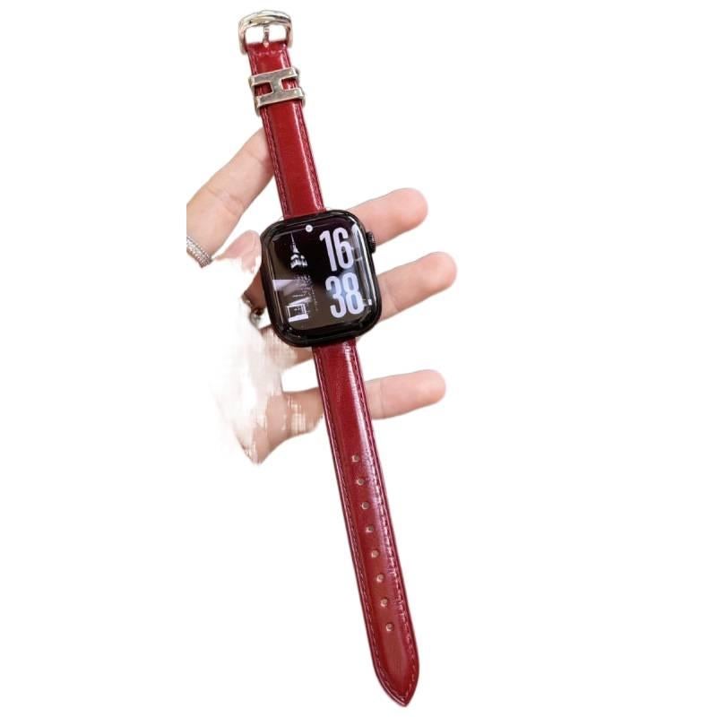 AD Red Classic Leather Strap Smartwatch Band Compatible with Apple Watch / SE with Adjustable Fit Replacement Strap for Daily Wear - Image 2