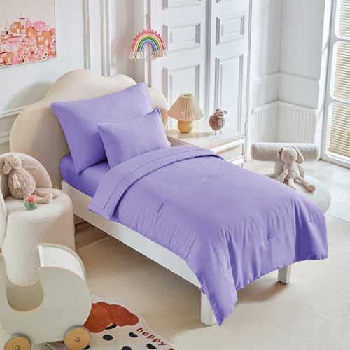 Uozzi Bedding Toddler Bedding Set - 5 Piece Soft and Breathable Toddler Bed Set for Boys and Girls, Includes Quilted Comforter, Fitted Sheet, Flat Top Sheet, Standard Pillowcase and Toddler Pillowcase, Purple - Image 1