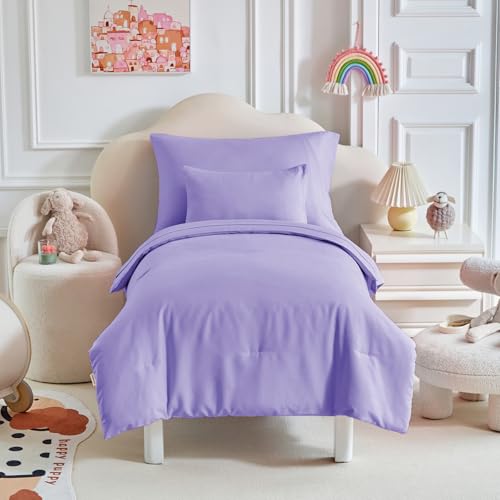 Uozzi Bedding Toddler Bedding Set - 5 Piece Soft and Breathable Toddler Bed Set for Boys and Girls, Includes Quilted Comforter, Fitted Sheet, Flat Top Sheet, Standard Pillowcase and Toddler Pillowcase, Purple - Image 3