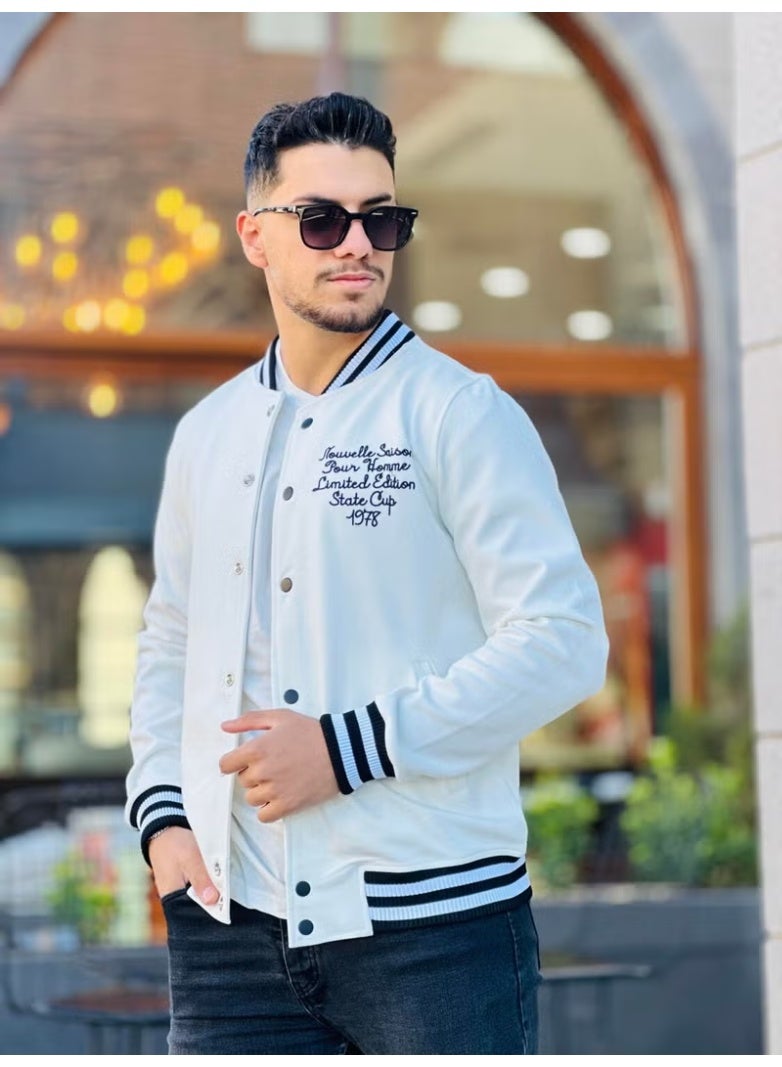 Miron Ecru Pique Textured Embroidery Detailed Regular Fit College Jacket - Image 2