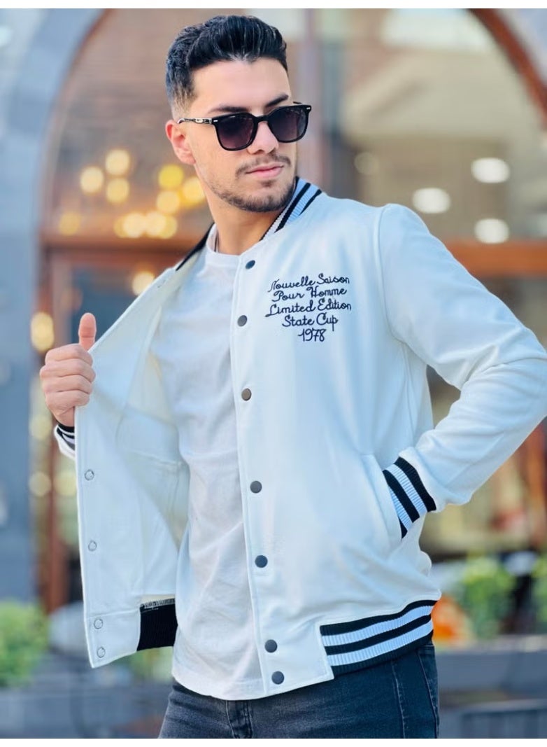 Miron Ecru Pique Textured Embroidery Detailed Regular Fit College Jacket - Image 4