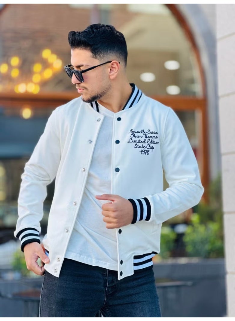 Miron Ecru Pique Textured Embroidery Detailed Regular Fit College Jacket - Image 1