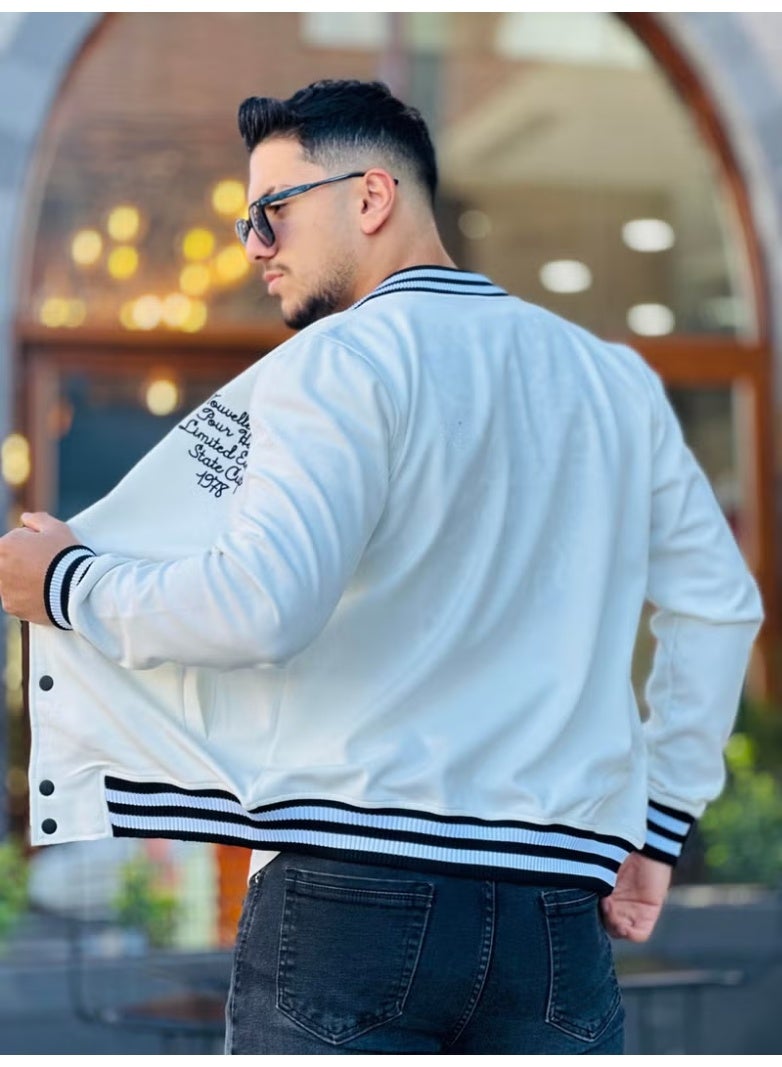 Miron Ecru Pique Textured Embroidery Detailed Regular Fit College Jacket - Image 3