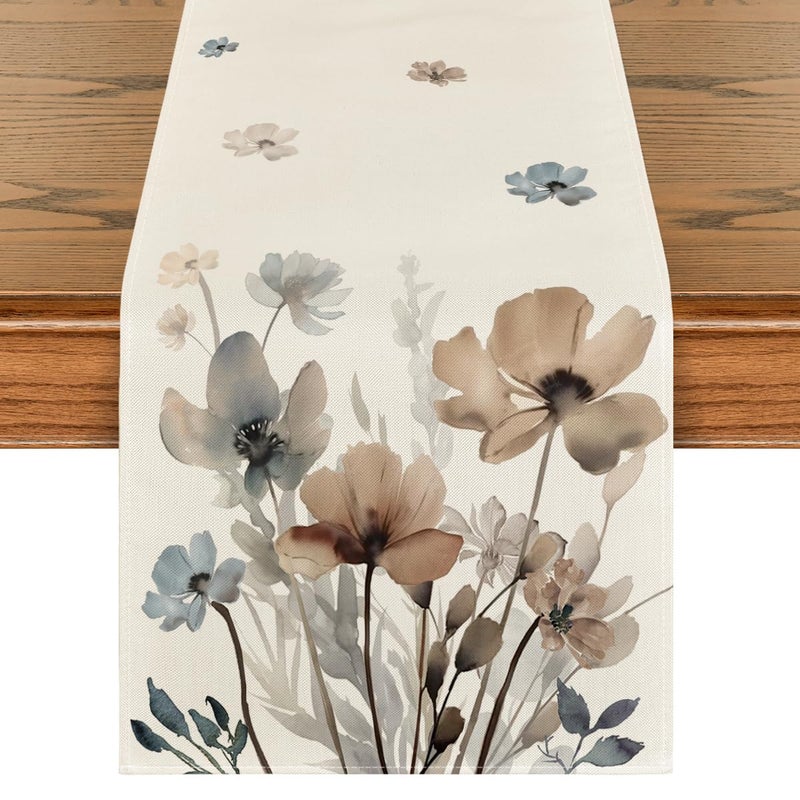 Artoid Mode Brown Poppy Floral Leaves Spring Table Runner, Seasonal Summer Kitchen Dining Table Decoration for Home Party Decor 13x72 Inch - Image 1