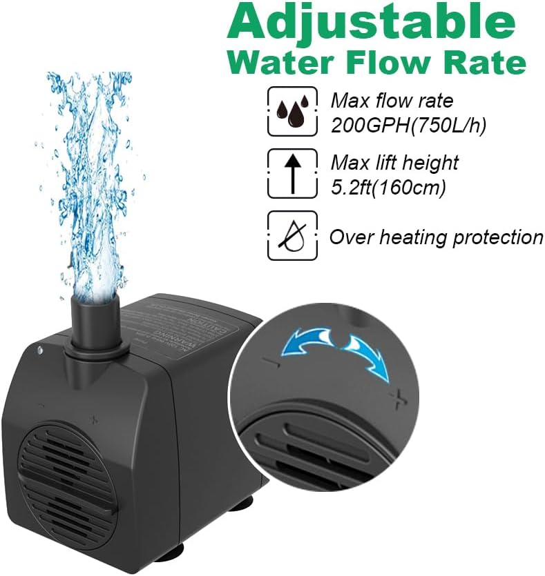Knifel Submersible Pump 200GPH Ultra Quiet with Over Heating Protection 5.2ft High Lift for Fountains, Hydroponics, Ponds, Aquariums & More… - Image 2