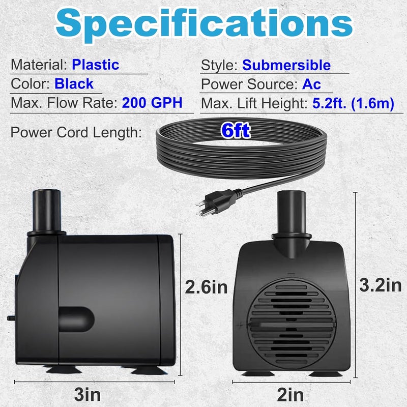 Knifel Submersible Pump 200GPH Ultra Quiet with Over Heating Protection 5.2ft High Lift for Fountains, Hydroponics, Ponds, Aquariums & More… - Image 3