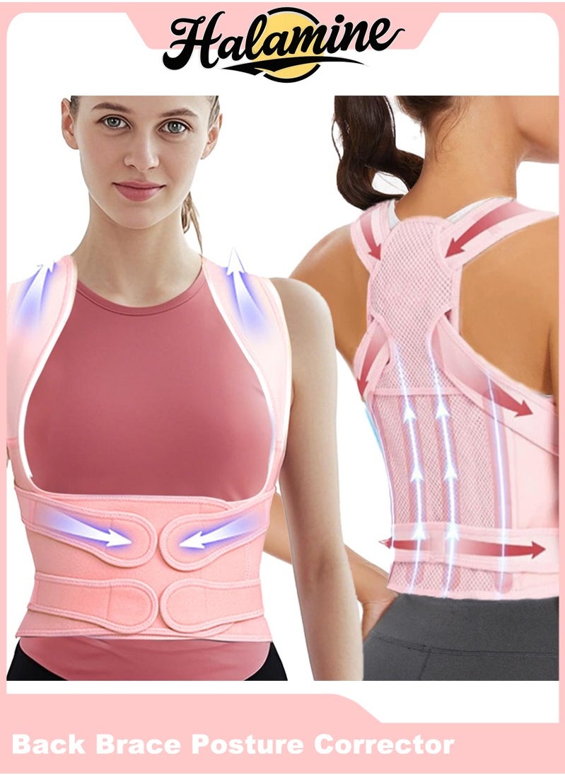 Halamine Back Brace Posture Corrector for Women ，Shoulder Straightener Adjustable Full Back Support ，Upper and Lower Back Pain Relief - Scoliosis Hunchback Hump Thoracic Spine Corrector Pink-L  - Image 1