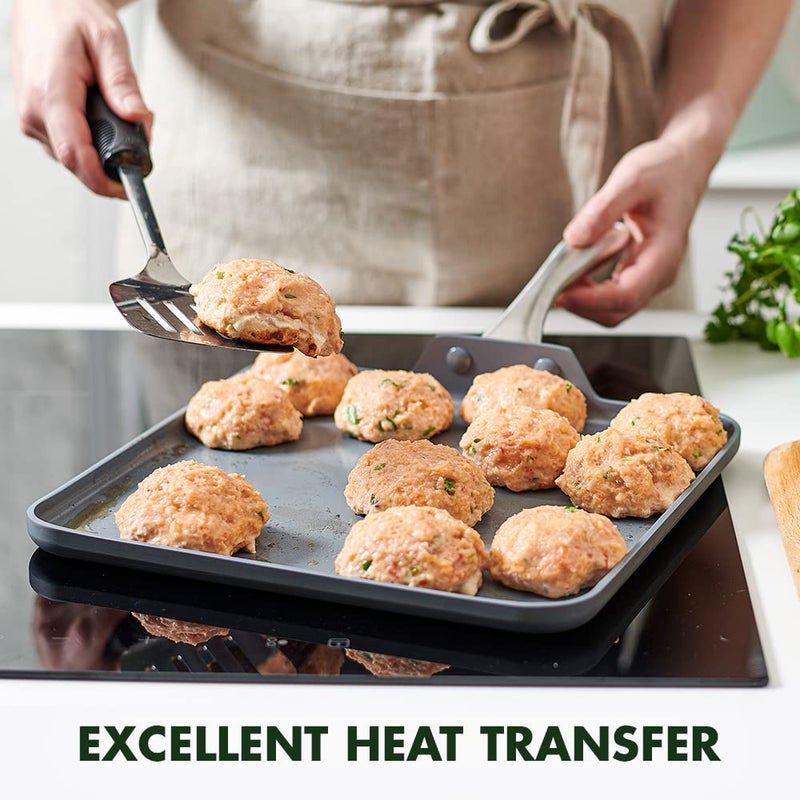 GreenPan Lima Hard Anodized 11â€ Square Griddle Pan, Ceramic Nonstick, PFAS-Free Nontoxic Pots and Pans, Oven & Broiler Safe, Stainless Steel Handle, Cookware for Eggs & Omelet, Gray - Image 3