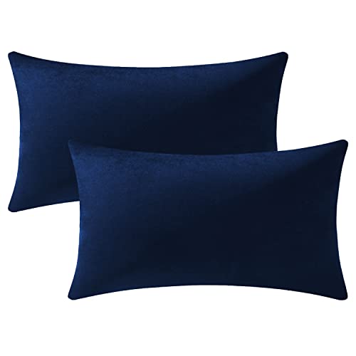 DEZENE Couch Pillow Cases 12x20 Navy 2 Pack Cozy Soft Velvet Rectangular Throw Pillow Covers for Farmhouse Home Decor