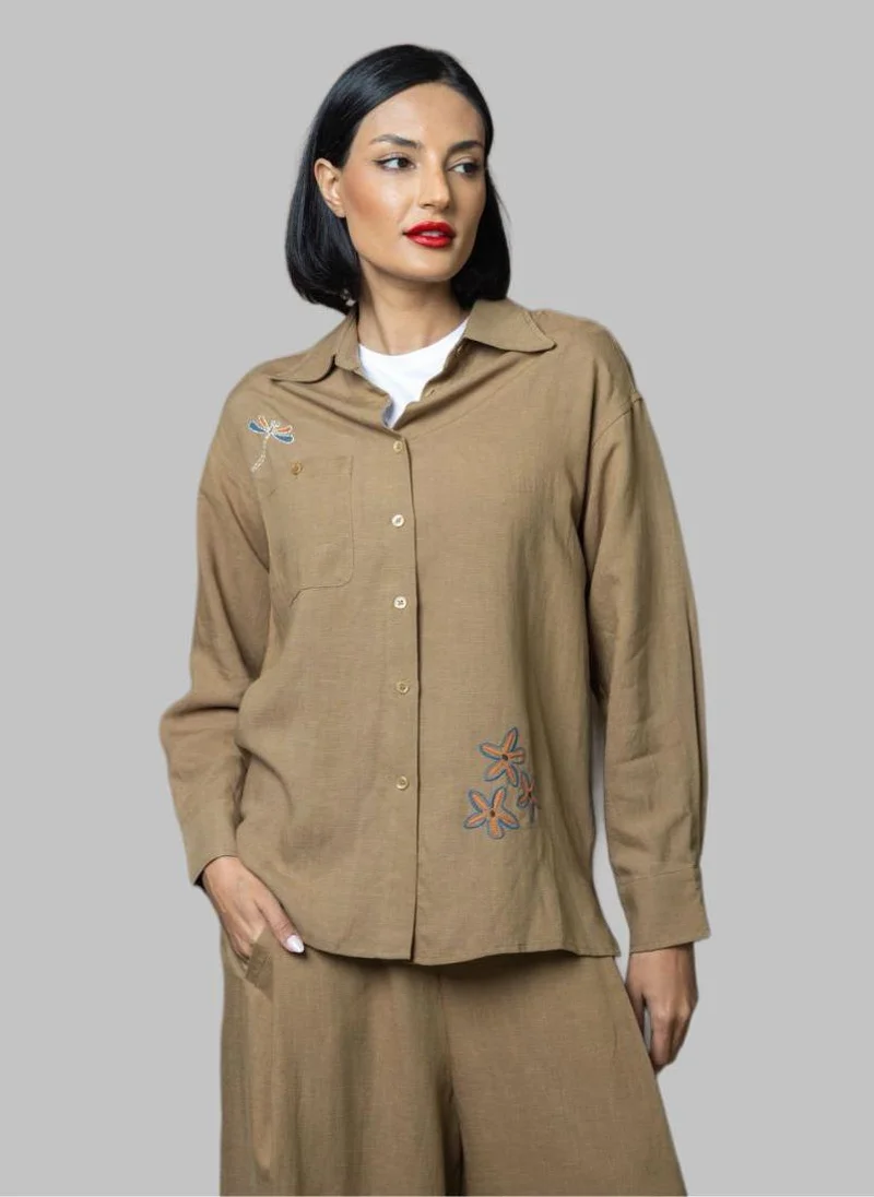 Bond Brown Linen Embroidered Shirt and Wide-Leg Pants Co-Ord Set