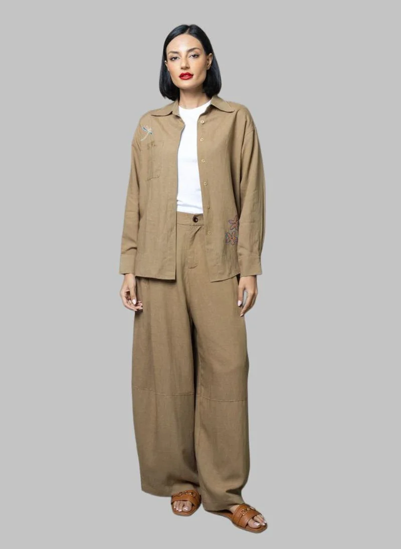 Bond Brown Brown Linen Embroidered Shirt and Wide-Leg Pants Co-Ord Set for Women | Best Price UAE