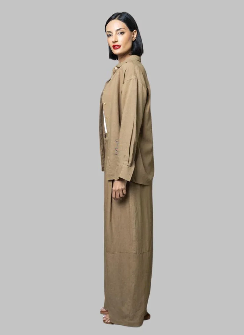 Bond Brown Brown Linen Embroidered Shirt and Wide-Leg Pants Co-Ord Set for Women | Best Price UAE