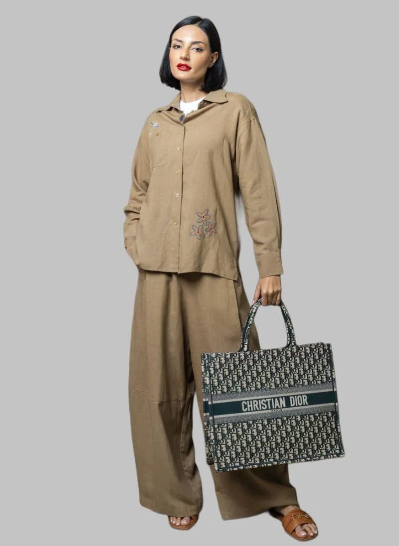 Bond Brown Linen Embroidered Shirt and Wide-Leg Pants Co-Ord Set