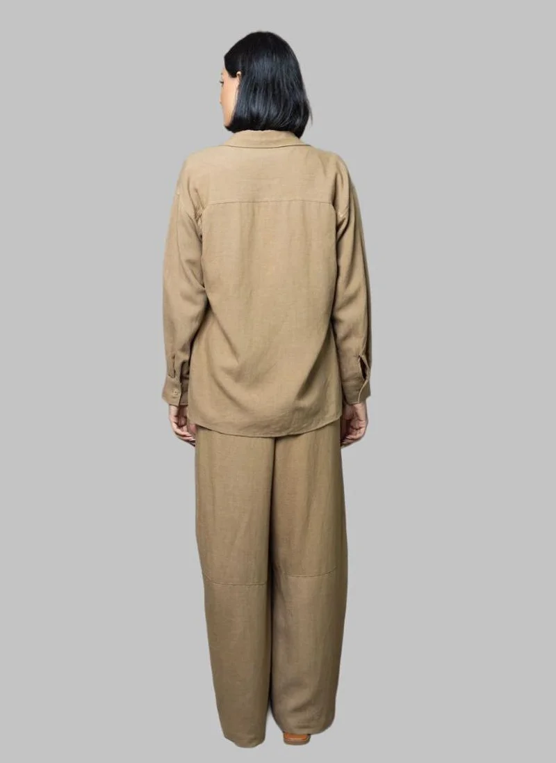 Bond Brown Brown Linen Embroidered Shirt and Wide-Leg Pants Co-Ord Set for Women | Best Price UAE