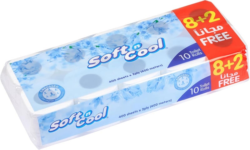 Hotpack Soft N Cool Toilet Roll 2 Ply 400 Sheets 8+2 Free Rolls Offer Pack - Image 1
