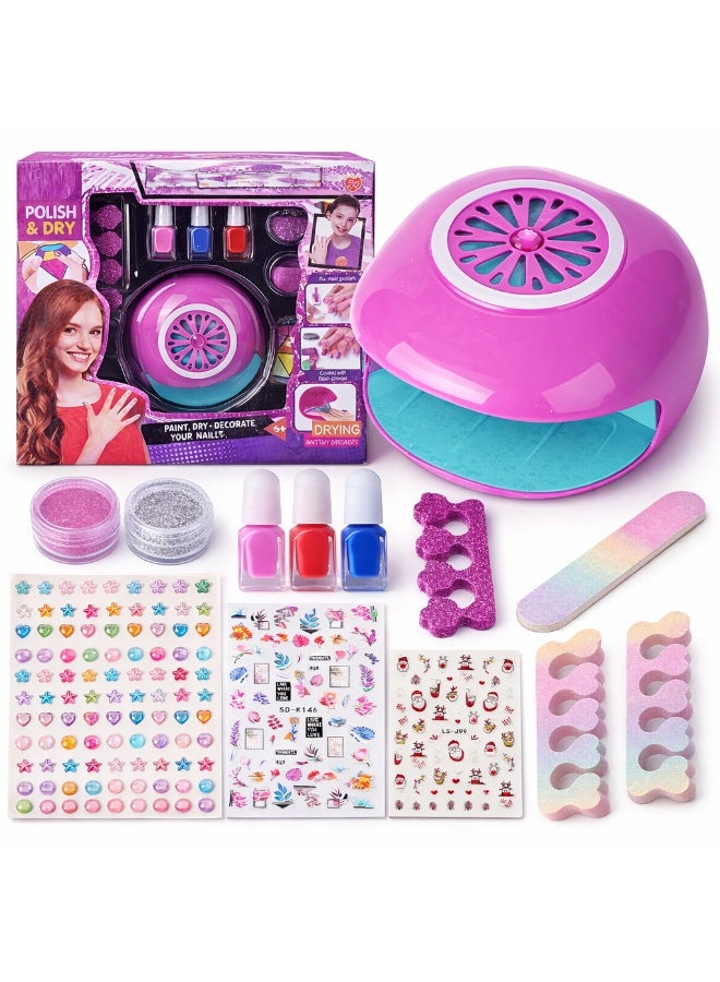 Mordely Nail Art Kit for Girls, Kids Manicure Set with Mini Nail Dryer, 3 Nail Polishes, Glitter Powder, Nail Stickers, Toe Separators and Nail File, Birthday Gift for Girls Age 6+ - Image 1