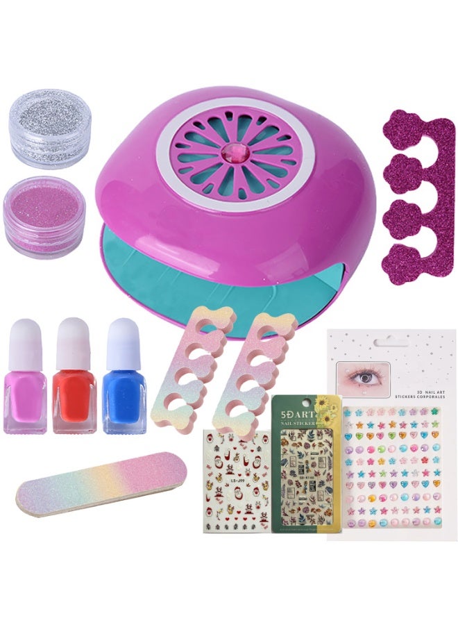 Mordely Nail Art Kit for Girls, Kids Manicure Set with Mini Nail Dryer, 3 Nail Polishes, Glitter Powder, Nail Stickers, Toe Separators and Nail File, Birthday Gift for Girls Age 6+ - Image 5