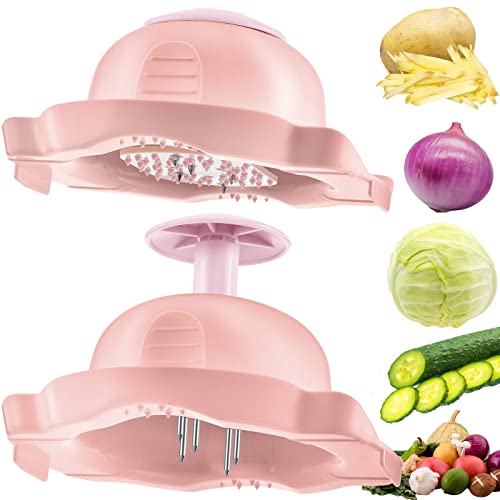 أداة تقطيع الطعام مانولين 2 قطعة مع واقي أصابع لتقطيع الطعام باللون الوردي