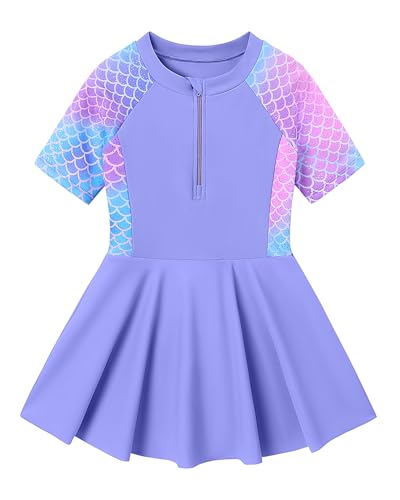 Ghteas Girls Short Sleeve Swimsuit Ruffle Skirt Summer Beach Swimwear with Zipper Swim Suits Size 7 Girls Purple Bathing Suits for 8 Years One Piece Swimsuit Size 7-8 for All Water Activities - Image 1