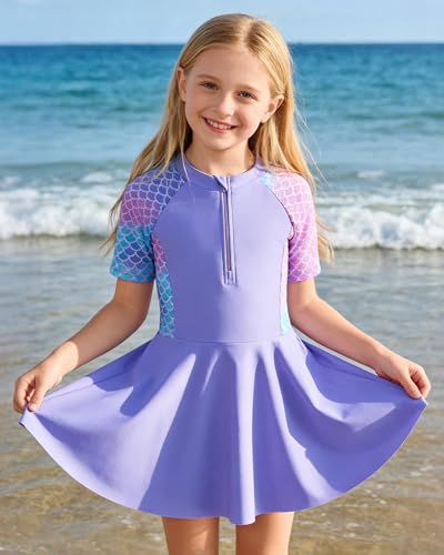 Ghteas Girls Short Sleeve Swimsuit Ruffle Skirt Summer Beach Swimwear with Zipper Swim Suits Size 7 Girls Purple Bathing Suits for 8 Years One Piece Swimsuit Size 7-8 for All Water Activities - Image 2