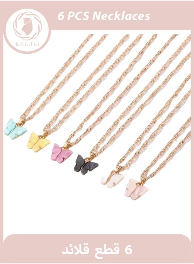 خاجول مجموعة من 6 قلادات فراشة أكريليك بسيطة ومتعددة الاستخدامات، هدايا مثالية للفتيات والأصدقاء والعائلة. - Image 1