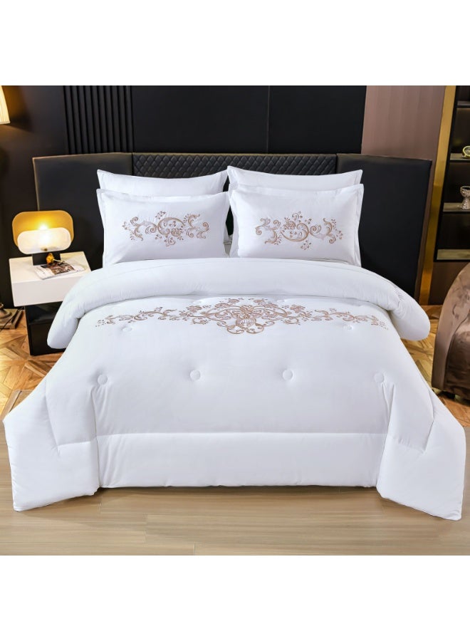 Comfy طقم لحاف ملكي أبيض ناعم مكون من 6 قطع من القطن الفاخر مع تطريز مريح