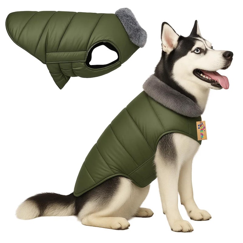 Western Era Dog Fur Quilted Olive Green Winter Coat for Dogs | Warm Padded Jacket Soft Fur Collar | Windproof Cold Weather Outfit for Walks Clothing | Adjustable Belly Strap (3XLarge - 24inch) - Image 1