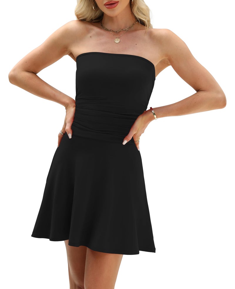 OFEEFAN Womens Summer Dresses 2026 Strapless Tube Short Mini Slimming Dress Homecoming Cocktail Cute Party Graduation Clothing Black S - Image 3