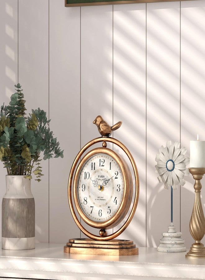 ChimeTide Gold Vintage Table Clock with Bird, European Retro Style Mantel Clocks, Desk and Shelf Decor Clock, for Living Room, Farmhouse, Bedside, Bedroom, Gift (7.9" H x 6.3" W) - Image 3