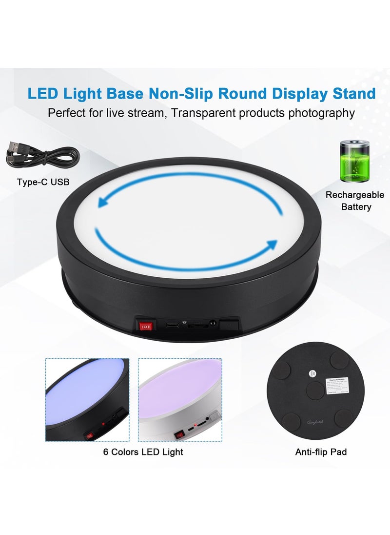 Generic - Motorized Rotating Display Stand with 6 Modes Color LED Lights, 8.7inch 66LB Load Ultra-Quiet 360 Degree Rechargable Rotating Turntable for Photography Products, Jewelry, Cake, 3D Model (Black) - Image 1