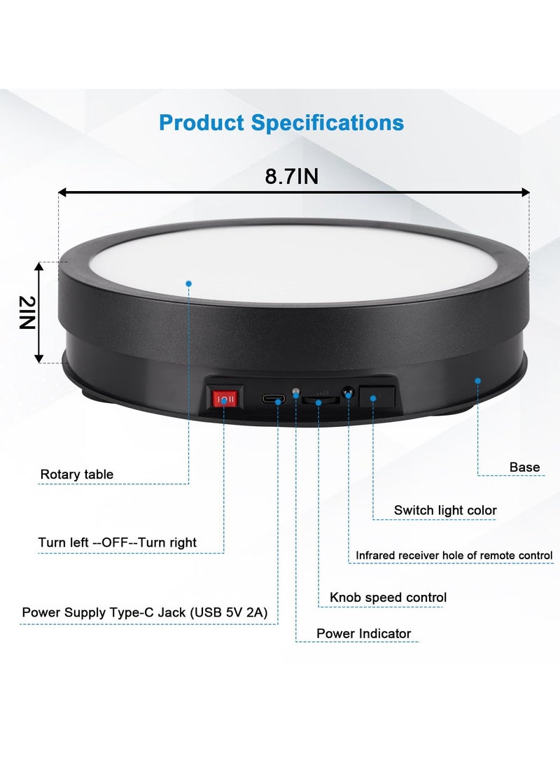 Generic - Motorized Rotating Display Stand with 6 Modes Color LED Lights, 8.7inch 66LB Load Ultra-Quiet 360 Degree Rechargable Rotating Turntable for Photography Products, Jewelry, Cake, 3D Model (Black) - Image 1