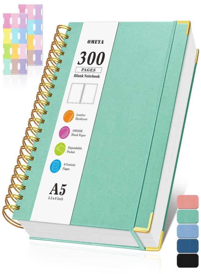 OMEYA Blank Spiral Notebook: Leather Sketch Book, 300 Pages Hardcover Unlined Notebook for Women Men,100GSM Thick No Bleed Paper Journal, A5 Small Art Sketchbook for Drawing Writing Work, 5.5" x 8", Green - Image 1
