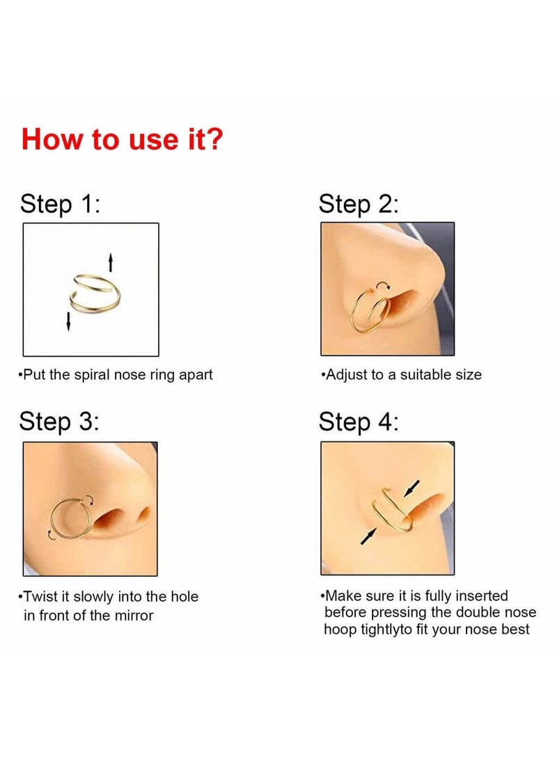 Double Nose Ring for Single Piercing,20G Snug Spiral Nose Rings Hoops 8mm Thin Nose Piercing Jewelry for Women - Image 5