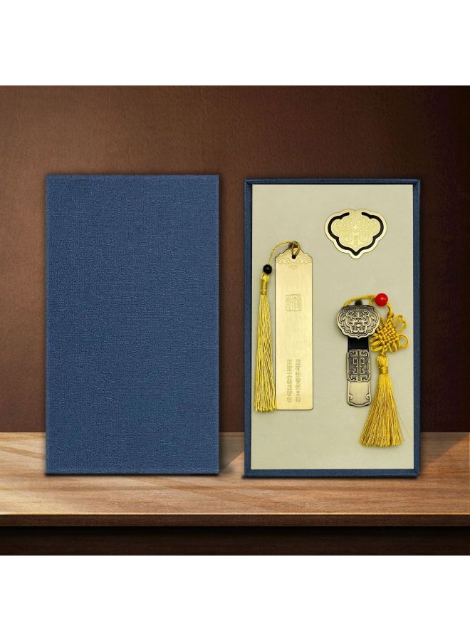 Ruyi U Disk 16g Suit Custom Logo Brass Hollow Ploughing Bookmark Sandalwood Sign Pen School Corporate Gifts-Color:(ruyi U Disk + Bookmark + Book Clip) Blue Gift Box-Capacity:USB3.0/128GB  - Image 1
