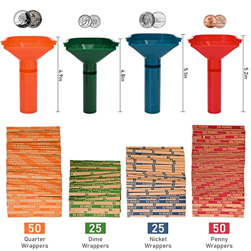 L LIKED 150 Assorted Flat Striped Coin Wrappers & 4 Coin Sorters Tubes, Color-Coded Coin Counters, Easy to Load - Image 2