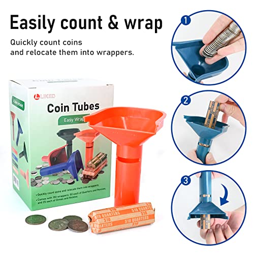 L LIKED 150 Assorted Flat Striped Coin Wrappers & 4 Coin Sorters Tubes, Color-Coded Coin Counters, Easy to Load - Image 3