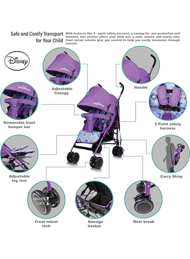 Disney Frozen 2 Lightweight Adventure Stroller + Storage Cabin 0 -36 Months, Compact Design, Shoulder Strap, Adjustable Reclining Seat And More - Purple - Image 3