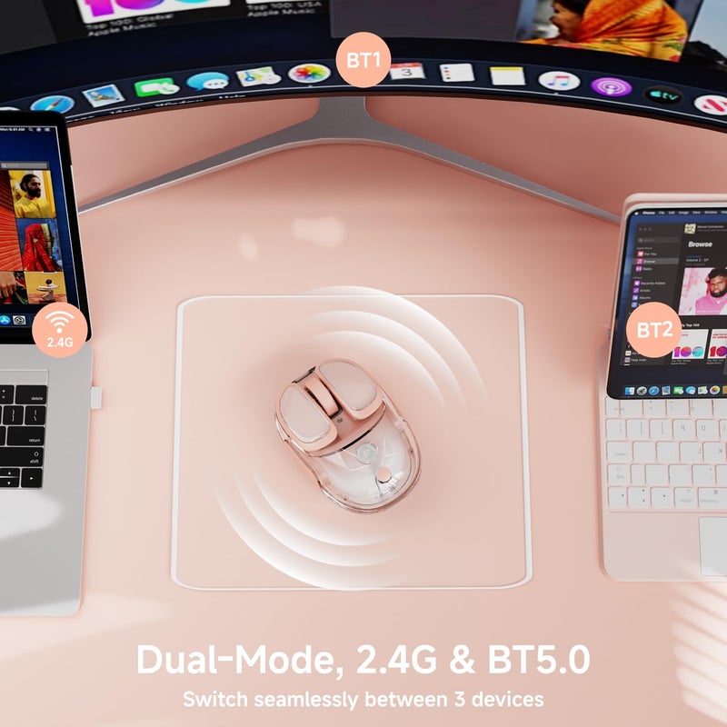 SEUNKWANG EWEADN Q9 Wireless Clear Mouse Dual Mode Bluetooth & 2.4G USB Computer Mouse with RGB Lighting, Silent Clicks, Multi-Device Compatibility for Laptop, PC, MacBook, iPad Cute Mouses-Gradient - Image 2