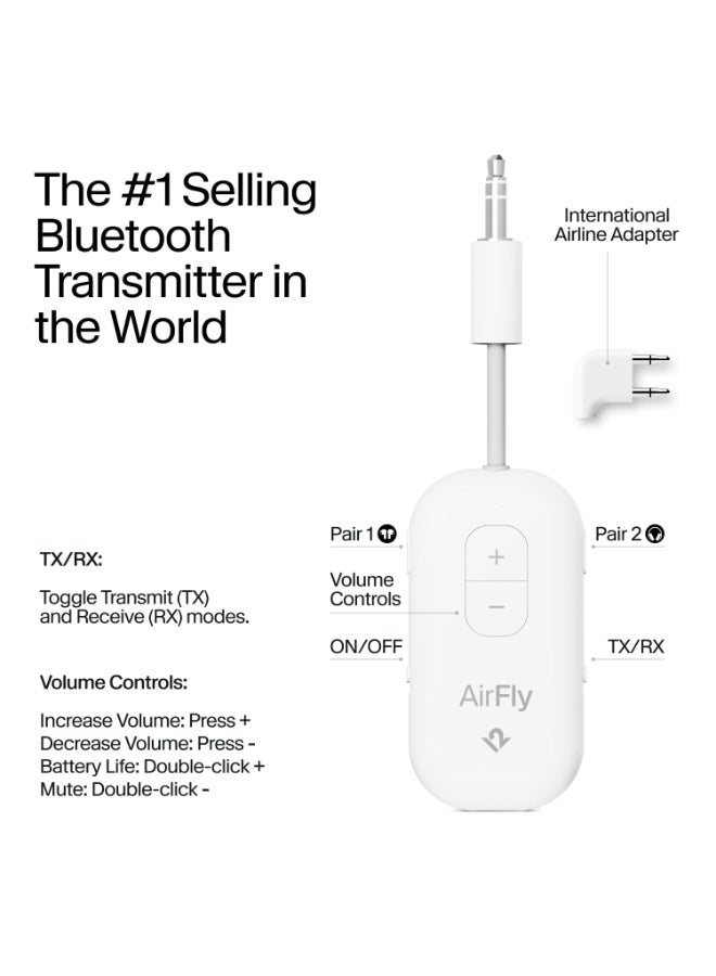 twelve south Airfly PRO 2 Deluxe Bluetooth Transmitter & Receiver | w/ Airline Adapter + Pouch, 25+Hrs Playtime, for In-Flight Console,TVs, Works w/ Apple Airpods & All Bluetooth Headphones - White - Image 2