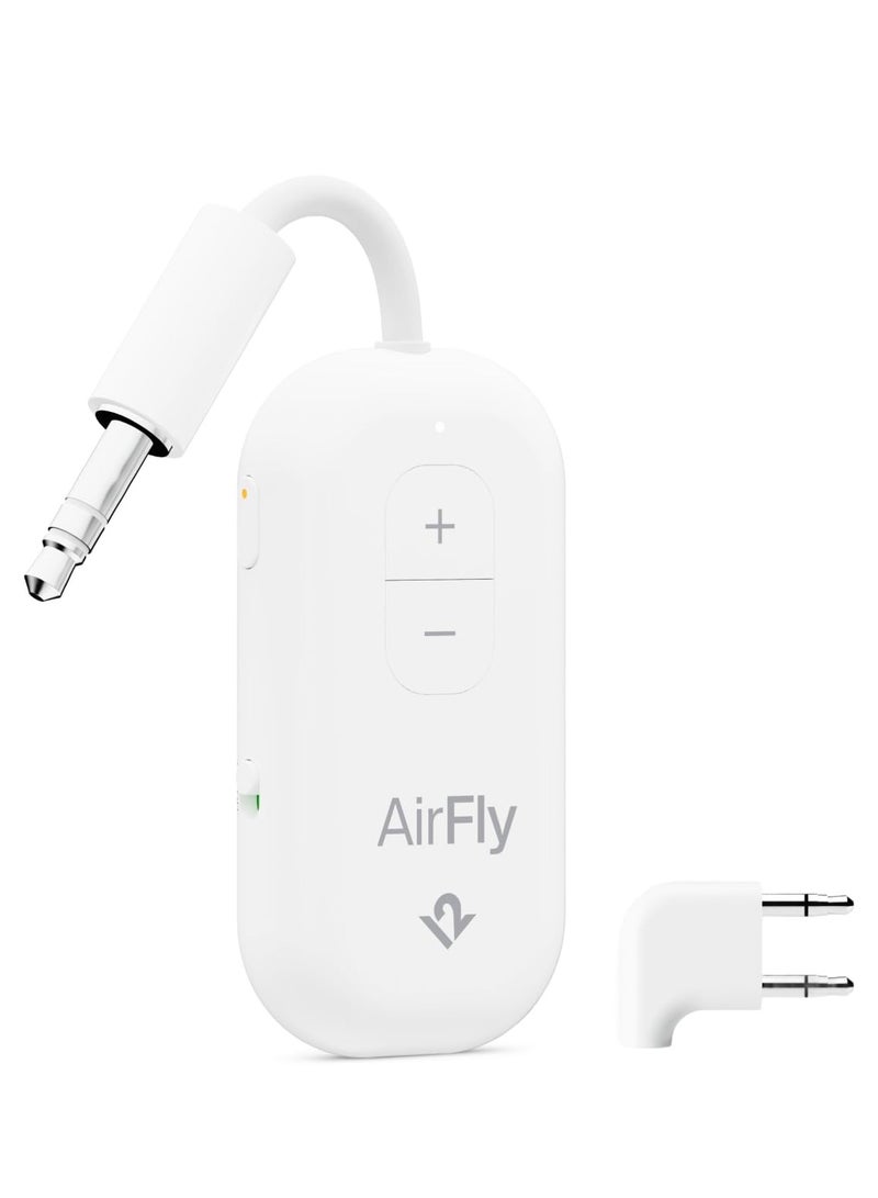 twelve south Airfly PRO 2 Deluxe Bluetooth Transmitter & Receiver | w/ Airline Adapter + Pouch, 25+Hrs Playtime, for In-Flight Console,TVs, Works w/ Apple Airpods & All Bluetooth Headphones - White - Image 1