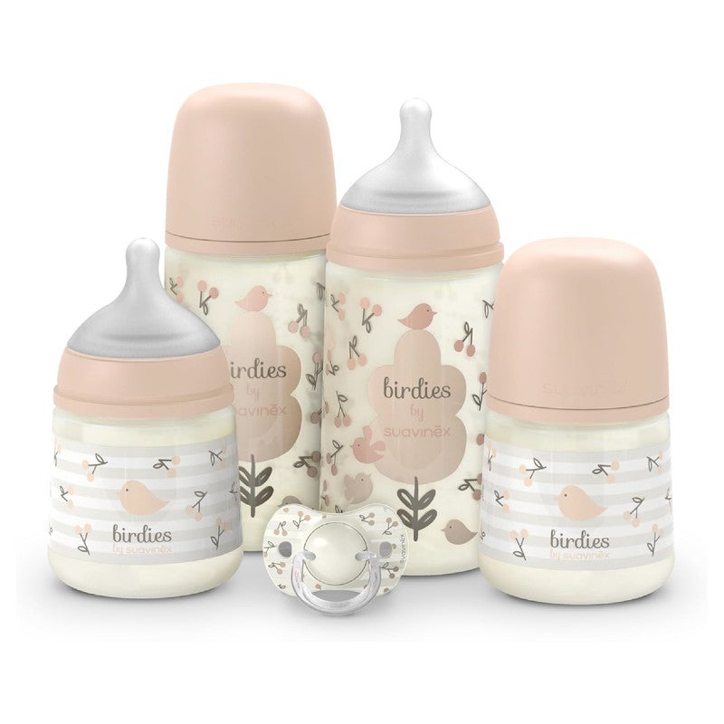 Suavinex, Newborn Baby Bottle Set, Gift Pack with: 2 x 270 ml Medium Flow + 2 x 150 ml Slow Flow + Pacifier 0 to 6 Months, Physiological SX Pro Silicone Teats, 5 Pcs, +0M, Birdies Pink - Image 1