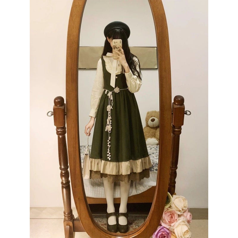 Two-Piece Suit Autum New Style Retro Age-Reducing Lace Suspender Dress For Female Students + Long-Sleeved Shirt - Image 2