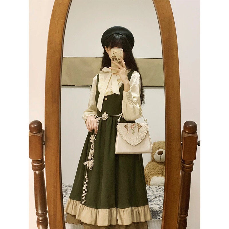 Two-Piece Suit Autum New Style Retro Age-Reducing Lace Suspender Dress For Female Students + Long-Sleeved Shirt - Image 1