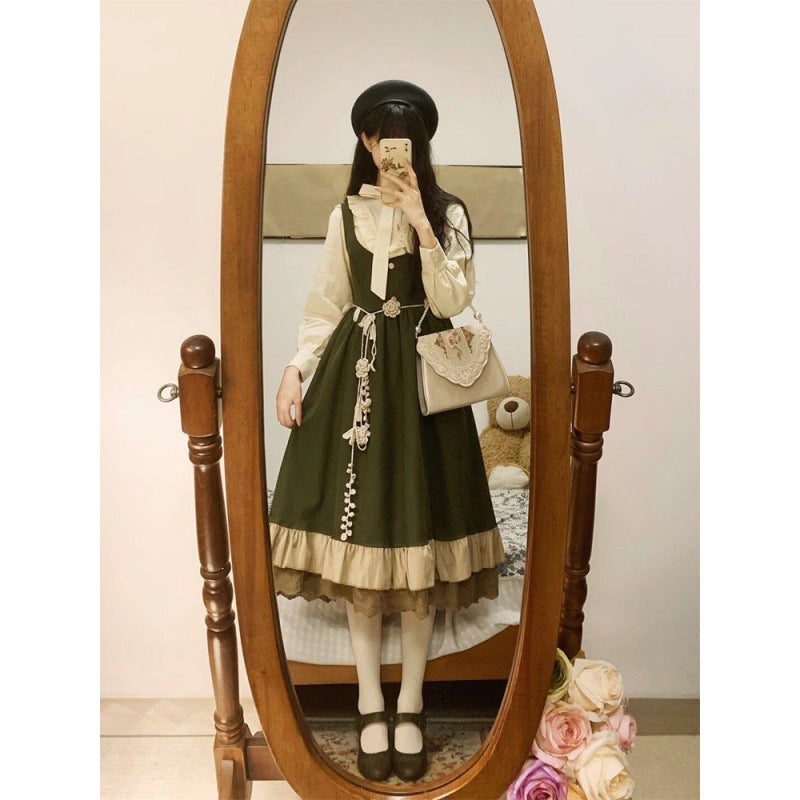 Two-Piece Suit Autum New Style Retro Age-Reducing Lace Suspender Dress For Female Students + Long-Sleeved Shirt - Image 3