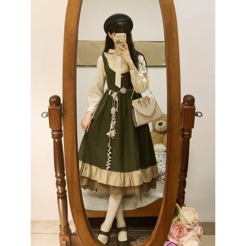 Two-Piece Suit Autum New Style Retro Age-Reducing Lace Suspender Dress For Female Students + Long-Sleeved Shirt - Image 5